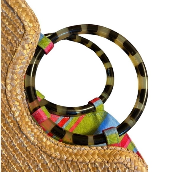 Putu by J MacLear straw bag tortoise ring handles and stripe cotton lining - Picture 3 of 9